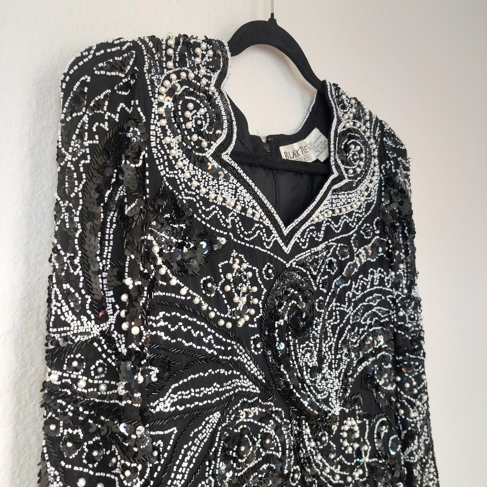 Black Tie Oleg Cassini Sequined Beaded black‎ Longsleeve Dress Size 10 - Picture 4 of 11